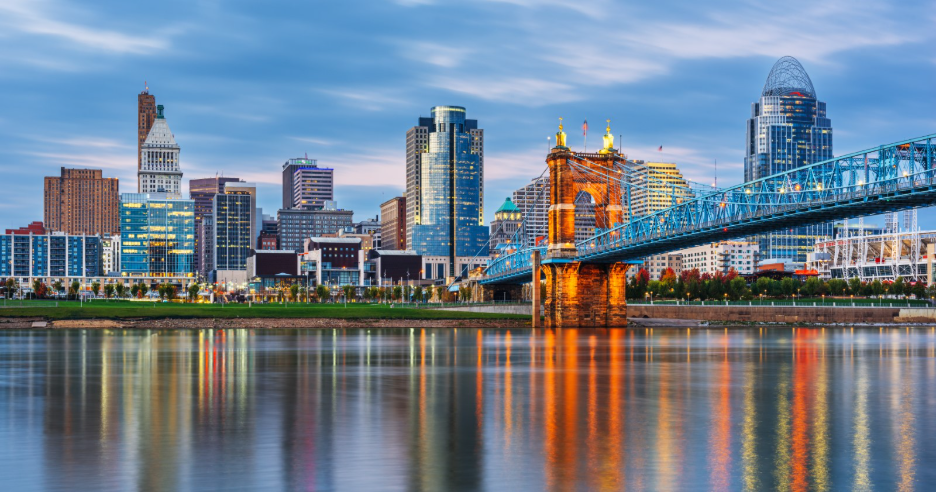 A panoramic cityscape of Cincinnati, Ohio, featuring the downtown skyline, the illuminated Roebling Suspension Bridge spanning the Ohio River, and colorful reflections across the calm water at dusk.